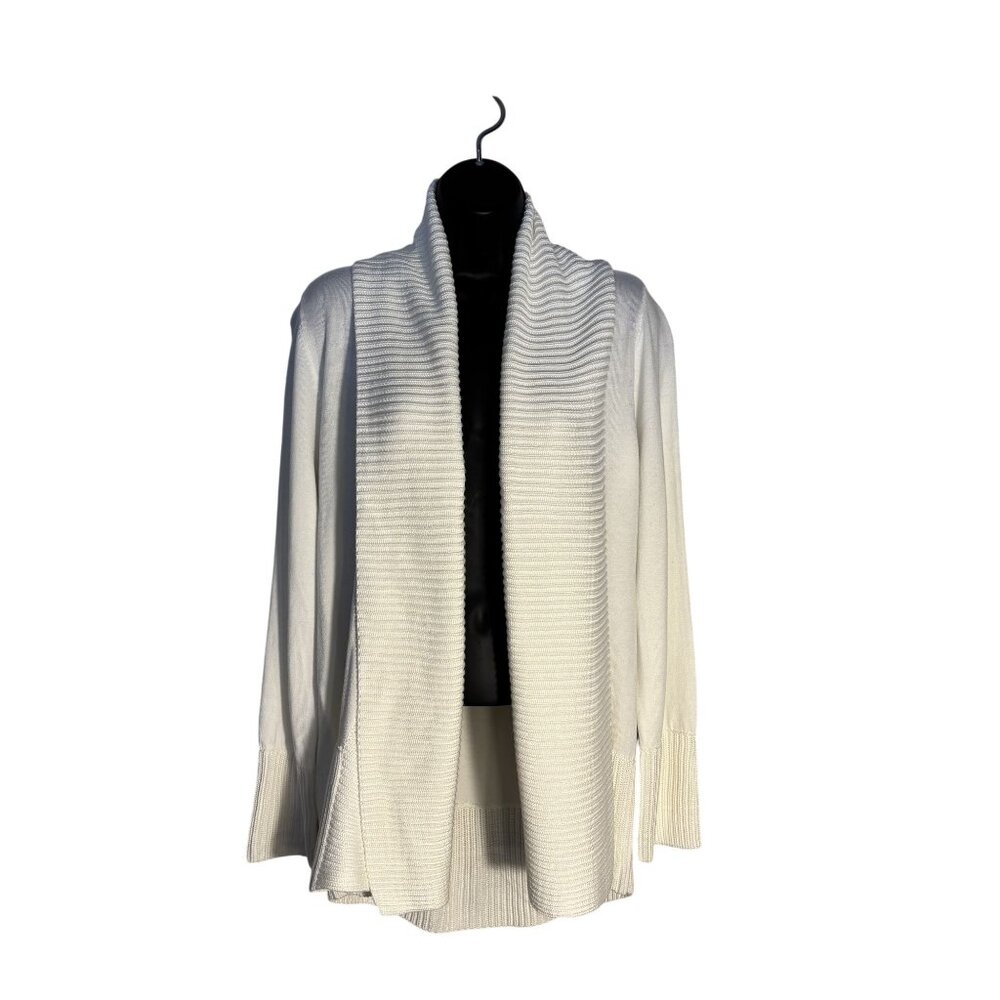 Joan Vass Ribbed Hem Open Front Cardigan Large Acrylic Rayon Blend White - Picture 1 of 12